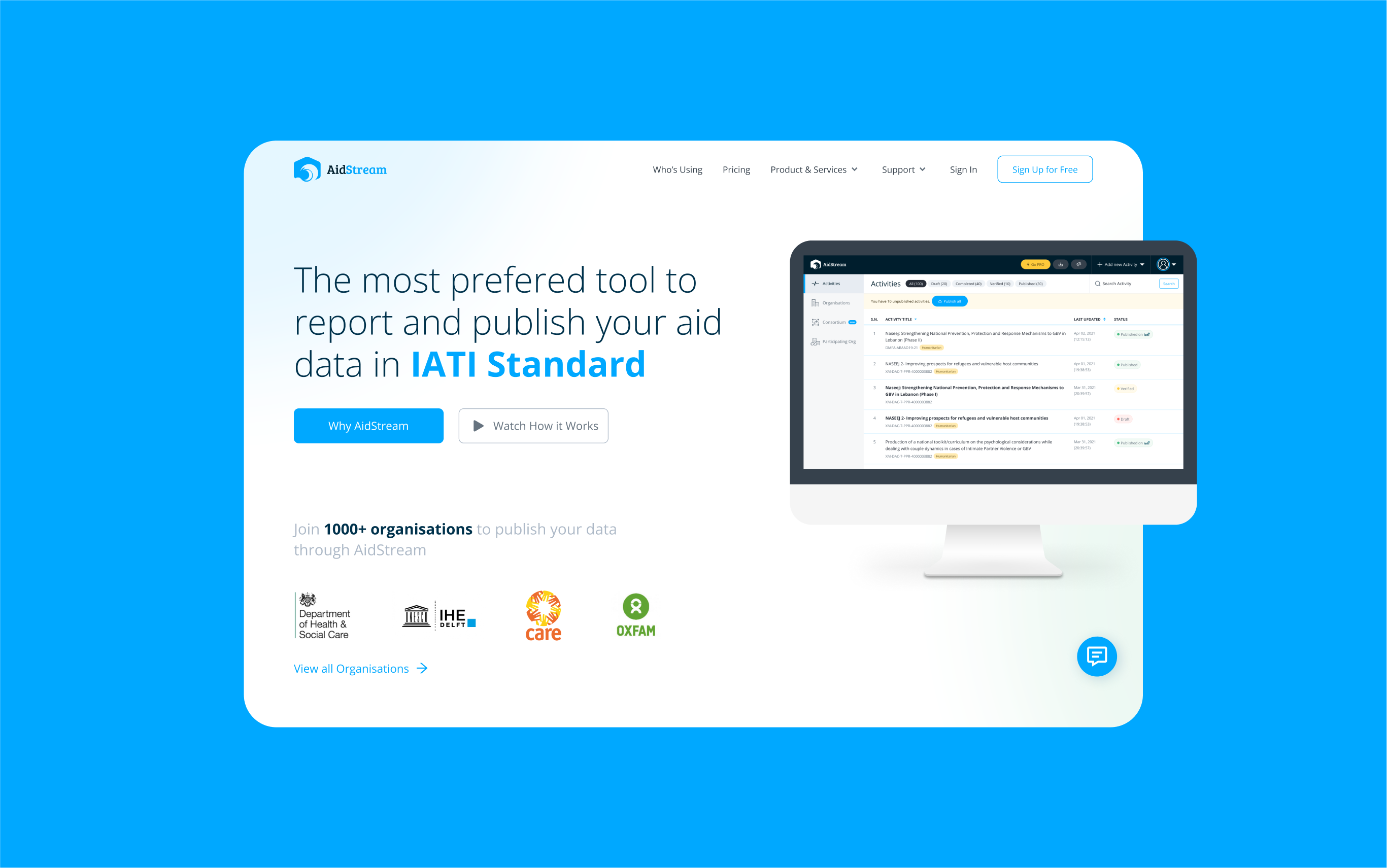 AidStream's marketing page screenshot