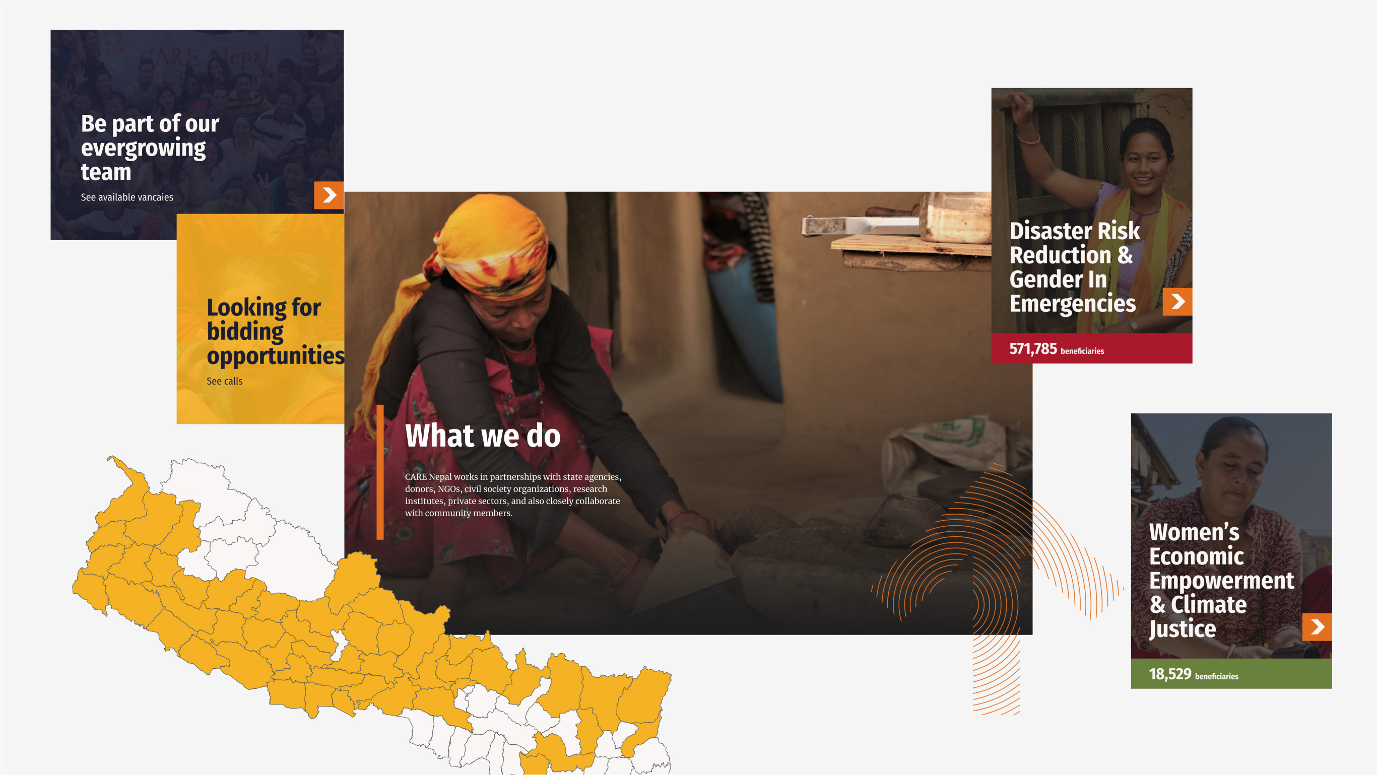 An image showing various UI elements of Care Nepal website