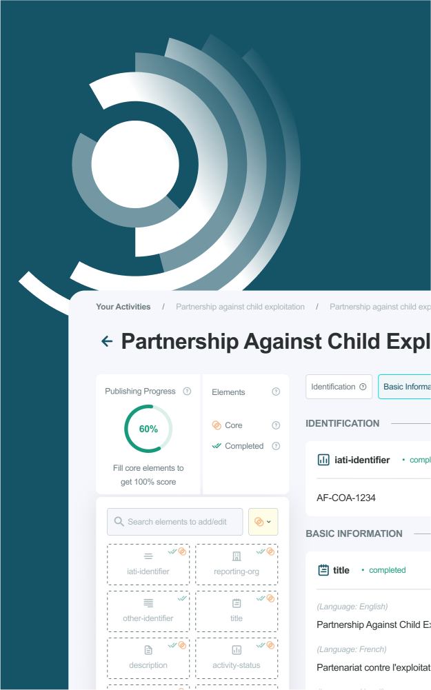 An image with IATI logo and Publisher's UI screenshot