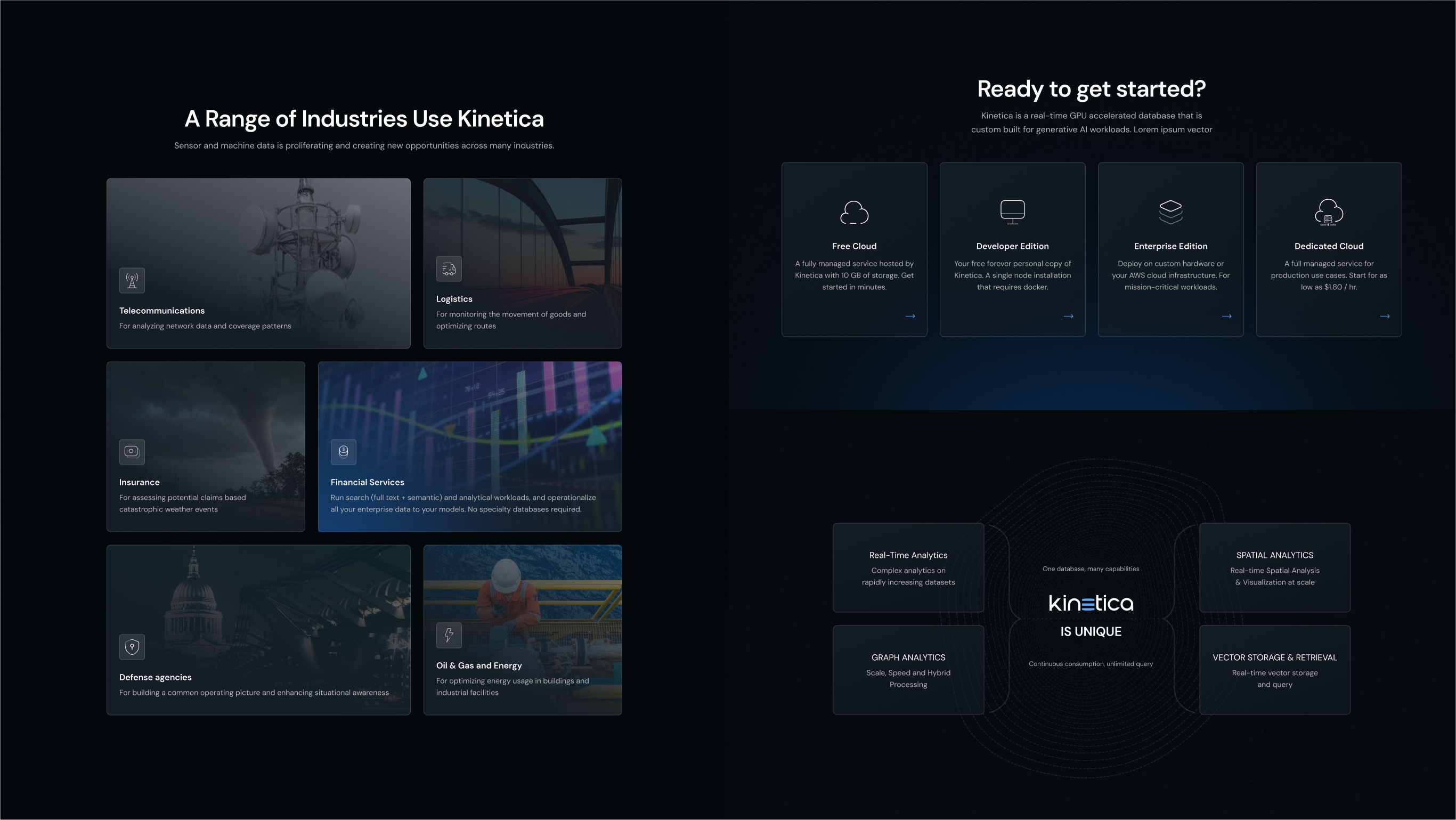 An image showing various elements of Kinetica homepage