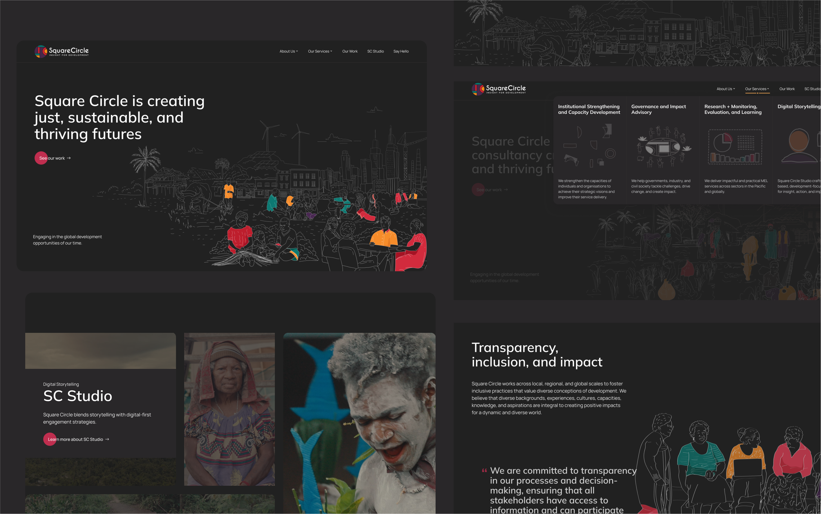 An image showing various screenshots of Square Circle's website